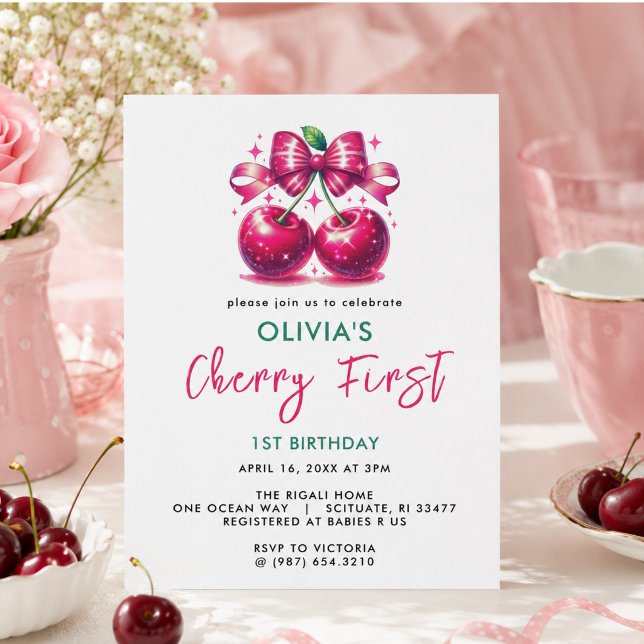 Convites Aniversário de 1 ano Watercolor Coquette Cherry (Watercolor Coquette Cherry 1st Birthday Invitation)