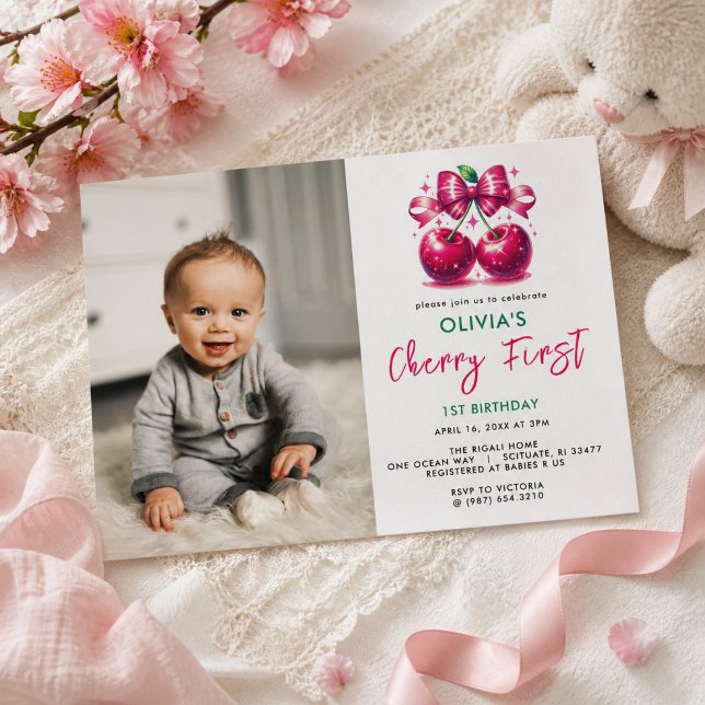 Convites Aniversário de 1 ano Watercolor Coquette Cherry (Watercolor Coquette Cherry 1st Birthday Invitation)
