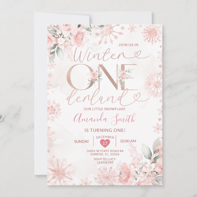Convites Aniversário de 1 ano Winter Onederland Rosa Dourad (Frente)