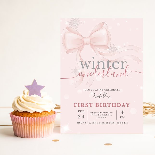 Convites Aniversário de 1 ano Winter Onederland Rosa Floco  (Criador carregado)