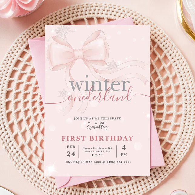 Convites Aniversário de 1 ano Winter Onederland Rosa Floco  (Criador carregado)
