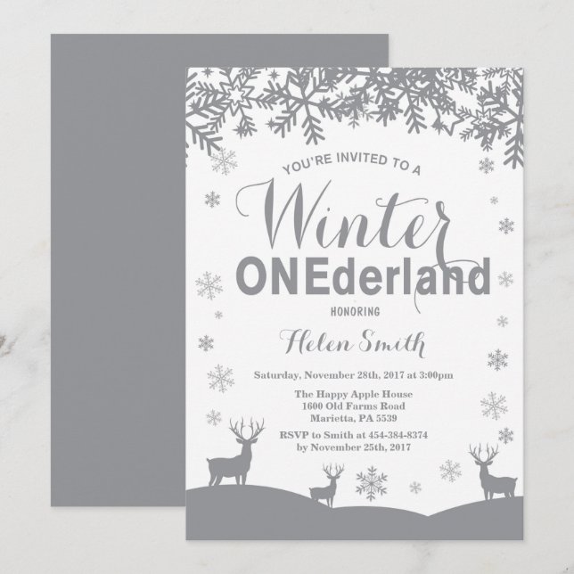 Convites Aniversário de 1 Ano Winter Onederland Snowflake (Frente/Verso)