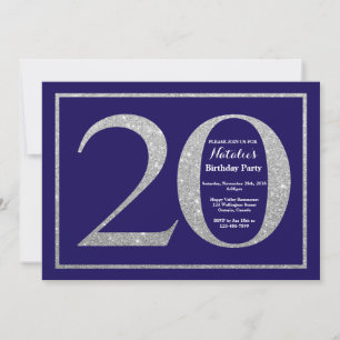 Convites Aniversário de 20 anos Azul Marinho e Brilho Prate