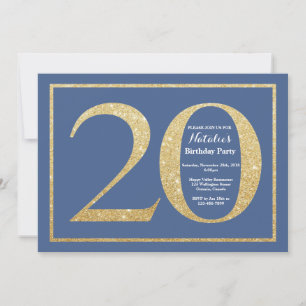 Convites Aniversário de 20 anos com Brilho Azul e Dourado