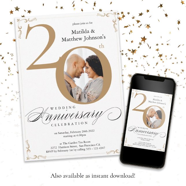 Convites Aniversário de 20 anos de Casamento em Ouro Branco (20th Wedding Anniversary White Gold Calligraphy Invitation)