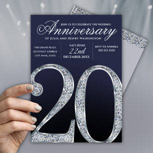 Convites Aniversário de 20 Anos Diamante Prata Azul Escuro