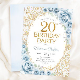 Convites Aniversário de 20 anos Dusty Blue Gold Floral Femi
