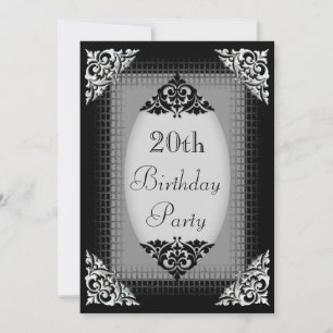 Convites Aniversário de 20 anos elegante preto e prata
