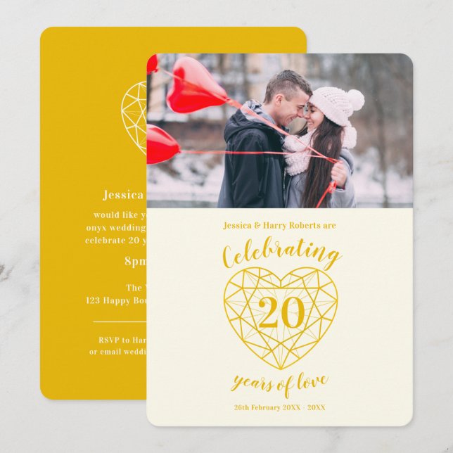 Convites Aniversário de 20 anos em Diamante Dourado foto (Frente/Verso)