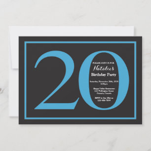 Convites Aniversário de 20 anos em quadro negro azul e pret