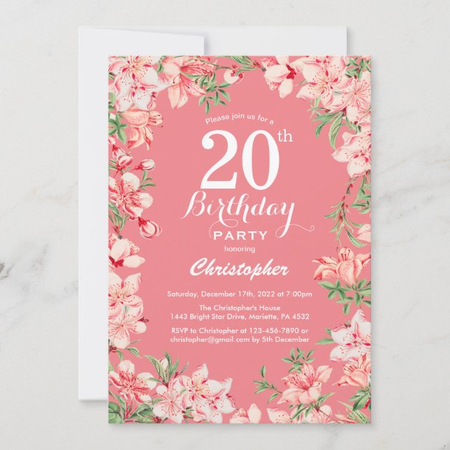Convites Aniversário de 20 anos Flores Botânicas Boho Rosa (Frente)
