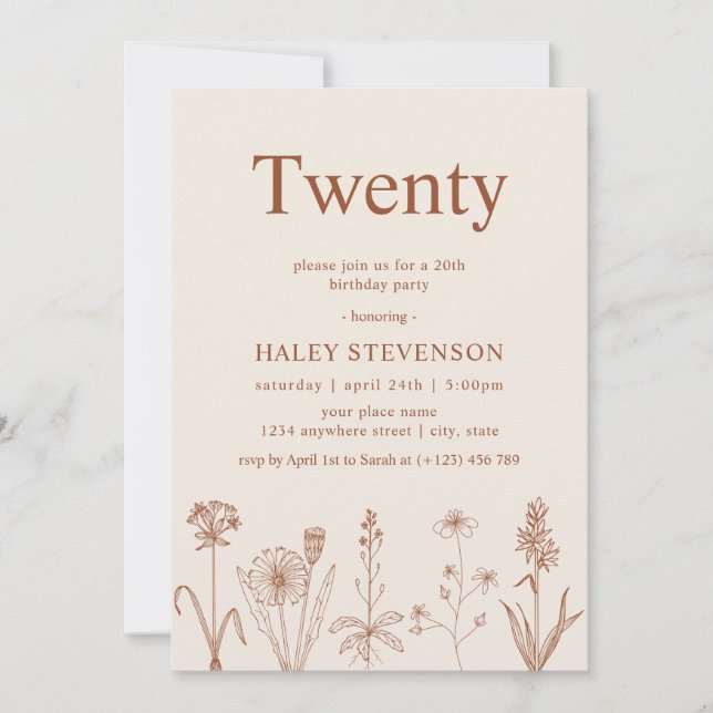 Convites Aniversário de 20 anos Wildflower Twenty Bege Terr (Frente)