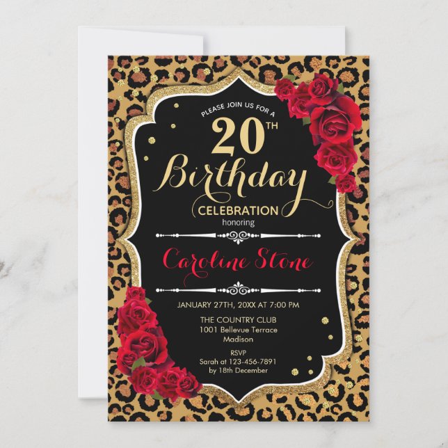 Convites Aniversário de 20 - Impressão Leopardo Rosa vermel (Frente)