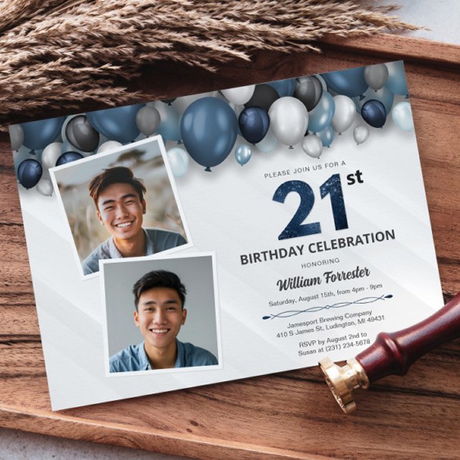 Convites Aniversário de 21 anos 2 Foto do Blue Silver Black (Blue Silver Black & White 21st Birthday 2 Photo Invitation)