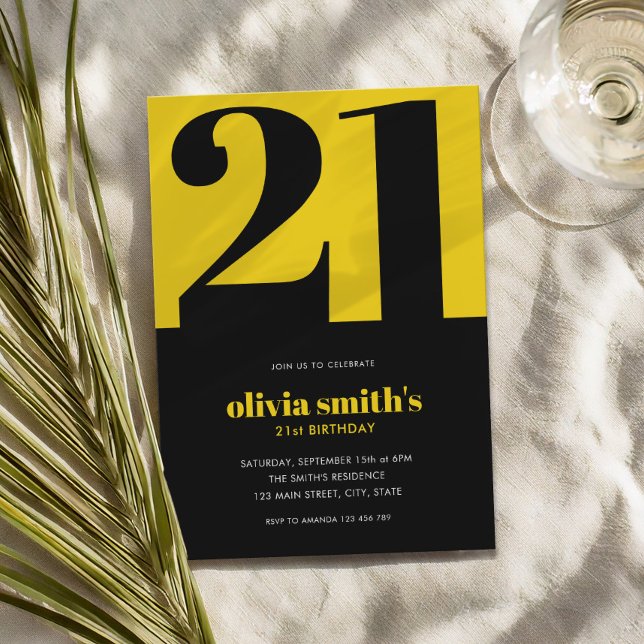 Convites Aniversário de 21 anos Amarelo Azul Minimalista Mo (Criador carregado)