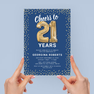 Convites Aniversário de 21 anos Azul-adulto Dourado