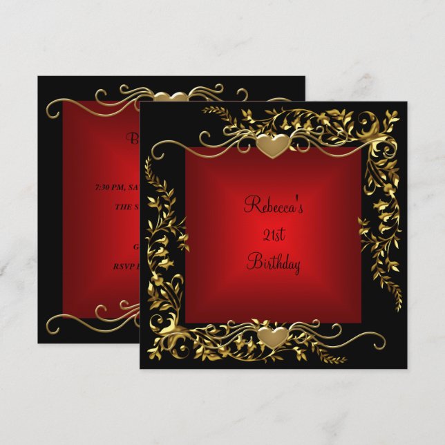 Convites aniversário de 21 anos Black Bright Deep Red Doura (Frente/Verso)