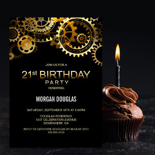 Convites aniversário de 21 anos Black Dourado Steampunk Wat