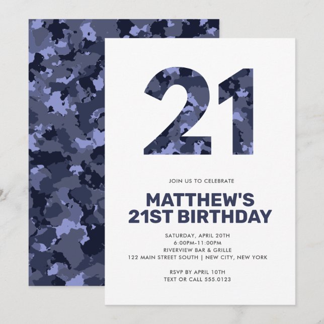 Convites aniversário de 21 anos, Blue Camo Personalizado (Frente/Verso)