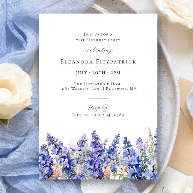 Convites aniversário de 21 anos Blue Larkspur Julho Flower (Criador carregado)