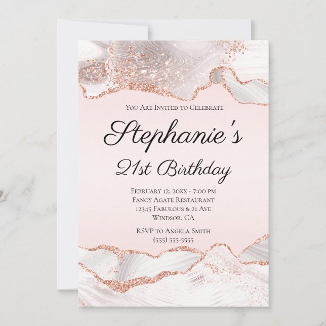 Convites Aniversário de 21 anos Blush de Agate Branco Doura (Frente)
