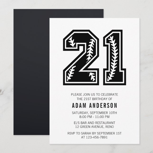 Convites aniversário de 21 anos Branco e Preto Moderno (Frente/Verso)