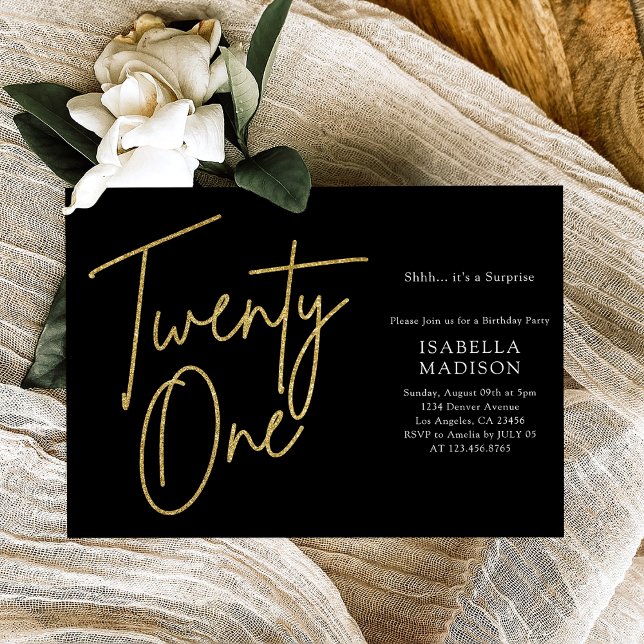 Convites Aniversário de 21 anos brilhante preto e Dourado (Simple Black and Gold Glitter 21st Birthday Invitation
)