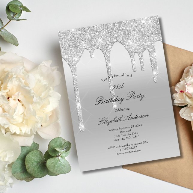 Convites Aniversário de 21 Anos Brilho Prata Gota de Glamou (Silver Dripping Glitter 21st Birthday invitation Glam Bling)