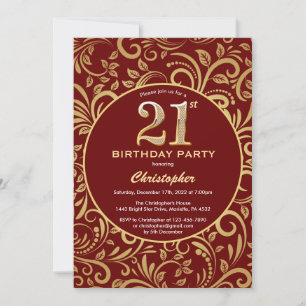 Convites aniversário de 21 anos Burgundy Red e Dourado Padr