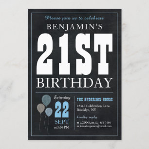 Convites aniversário de 21 anos Chalkboard Blue Balloon Rus