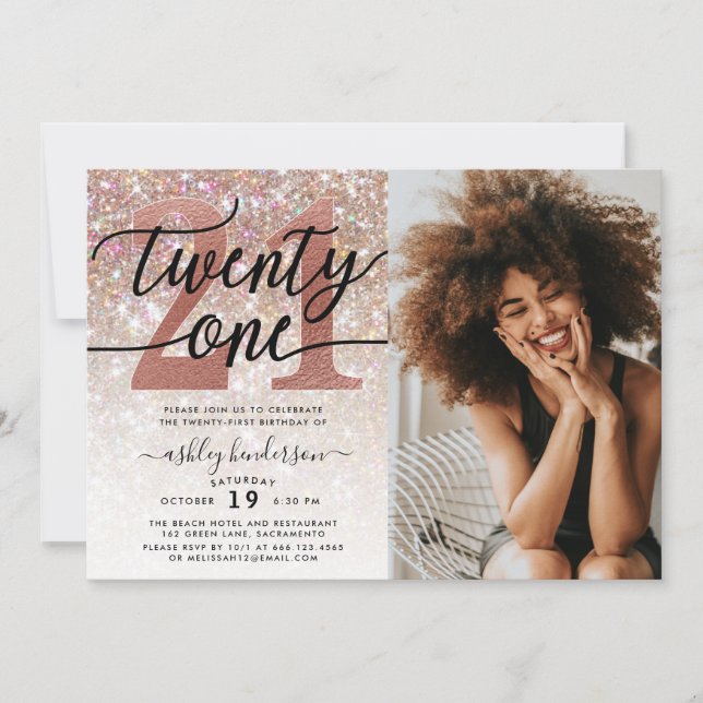 Convites aniversário de 21 anos Champagne - Foto da Glitter (Frente)