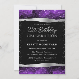 Convites Aniversário de 21 anos com Brilho Roxo e Preto