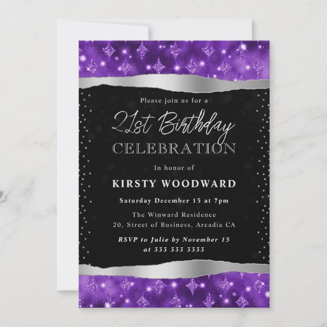 Convites Aniversário de 21 anos com Brilho Roxo e Preto (Frente)