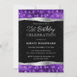 Convites Aniversário de 21 anos com Brilho Roxo e Preto