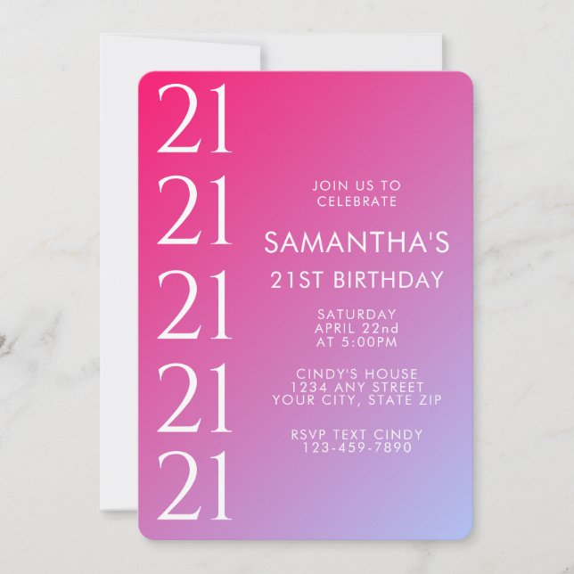 Convites Aniversário de 21 anos com gradiente rosa moderno  (Frente)