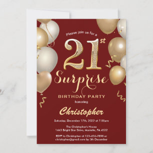 Convites Aniversário de 21 anos Dark Red e Balões Dourados 