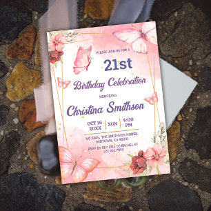 Convites Aniversário de 21 anos de borboleta floral rosa el