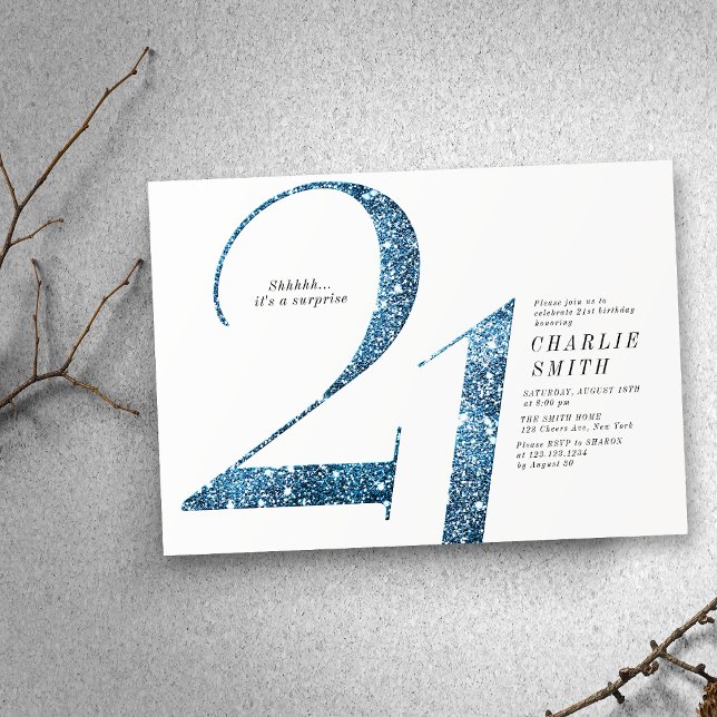 Convites Aniversário de 21 anos de brilho azul moderno mini (Modern minimalist faux blue glitter 21st birthday invitation)
