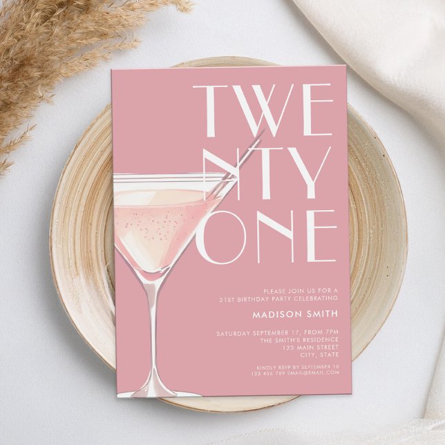 Convites Aniversário de 21 anos de Cocktail Rosa Moderno (Criador carregado)