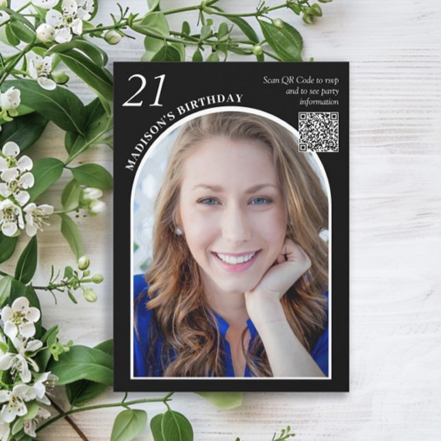Convites Aniversário de 21 anos de Código QR de Foto em Arc (Black and white photo arch 21st birthday party invitation with QR code)