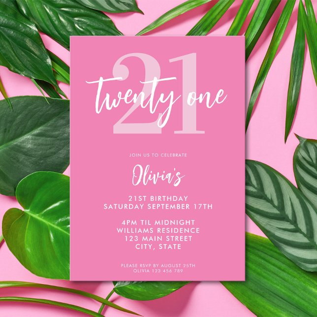 Convites Aniversário de 21 anos de Elegante Rosa Moderno (Modern Pink Elegant 21st Birthday Invitation)