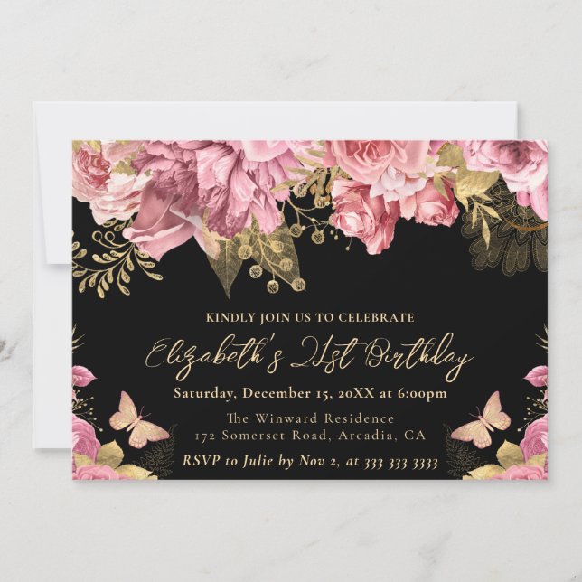 Convites Aniversário de 21 anos de Flores Douradas e Rosa d (Frente)