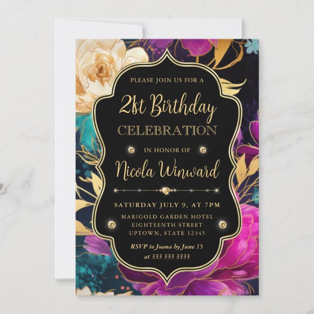 Convites Aniversário de 21 anos de Flores Douradas e Rosa d (Frente)