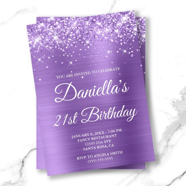 Convites Aniversário de 21 anos de Folhas Roxas Brilhantes (Sparkly Glittery Light Purple Foil 21st Birthday Invitation)