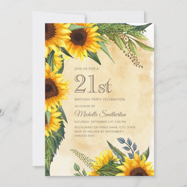 Convites Aniversário de 21 anos de Girassóis Amarelos russo (Frente)