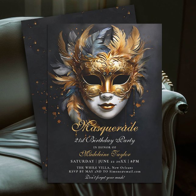 Convites aniversário de 21 anos de Máscara Dourada com Másc (masquerade 21st birthday party invitation glam gold purple venetian mask mascarade)