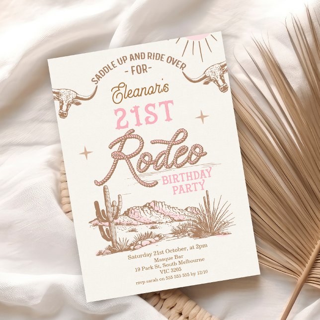 Convites Aniversário de 21 anos de Rodeio de rua do Deserto (Vintage 21st Rodeo 21st Birthday Invitation, Editable Rustic Cowgirl Birthday Invitation, Western)