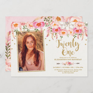 Convites aniversário de 21 anos de Sonhadora Floral Dourada