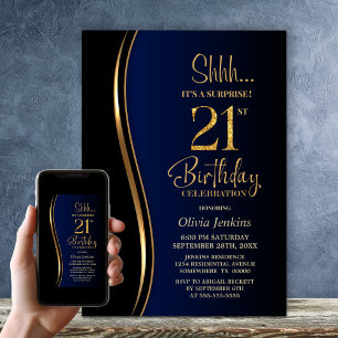 Convites Aniversário de 21 anos de Surpresa Azul Dourado Pr
