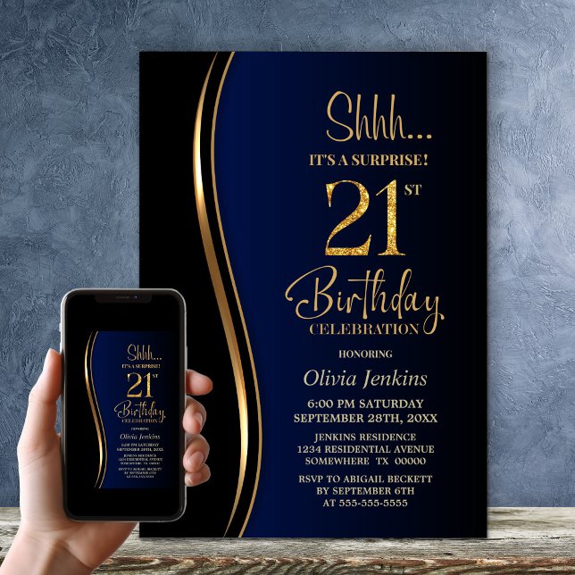 Convites Aniversário de 21 anos de Surpresa Azul Dourado Pr (Criador carregado)